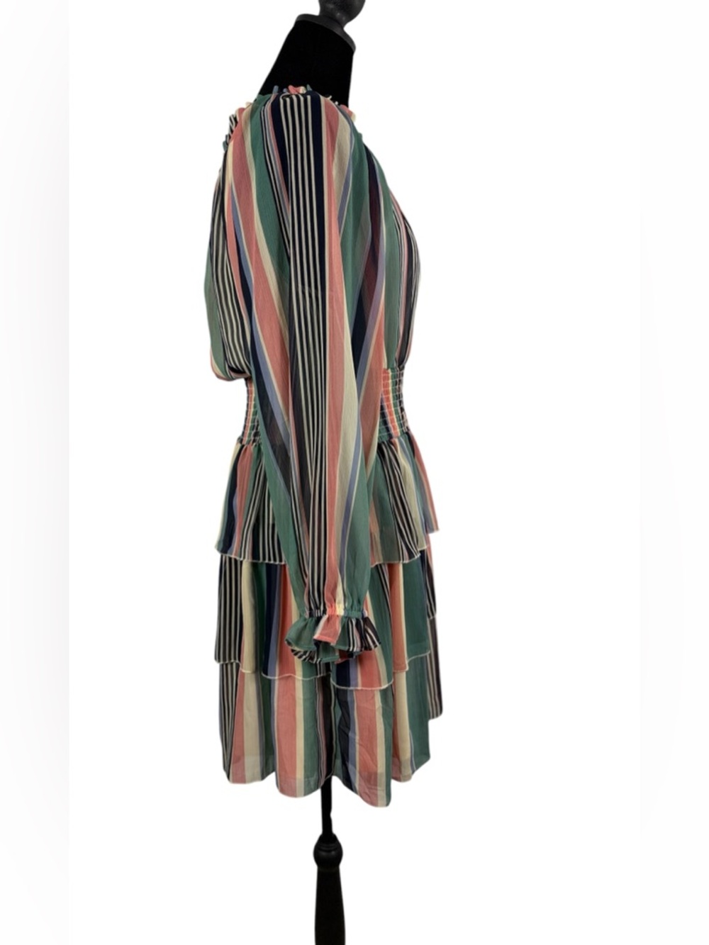 Cato EST. 1946 Striped Smock Waist Sheer Lined Tiered Dress Multi-Color Size M - Picture 2 of 9